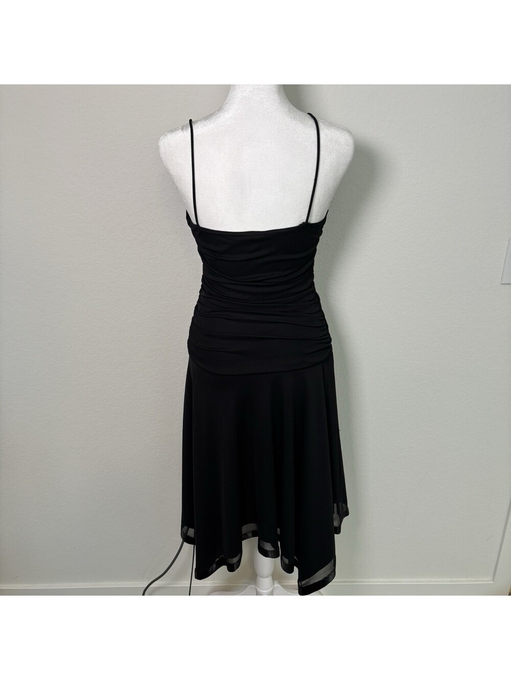 VTG Y2K City Triangles Black Asymmetrical Ruched Midi Dress Size M Whimsy Goth - Picture 3 of 7